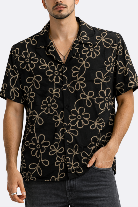 CAMISA NEGRA FLORES BEIGE